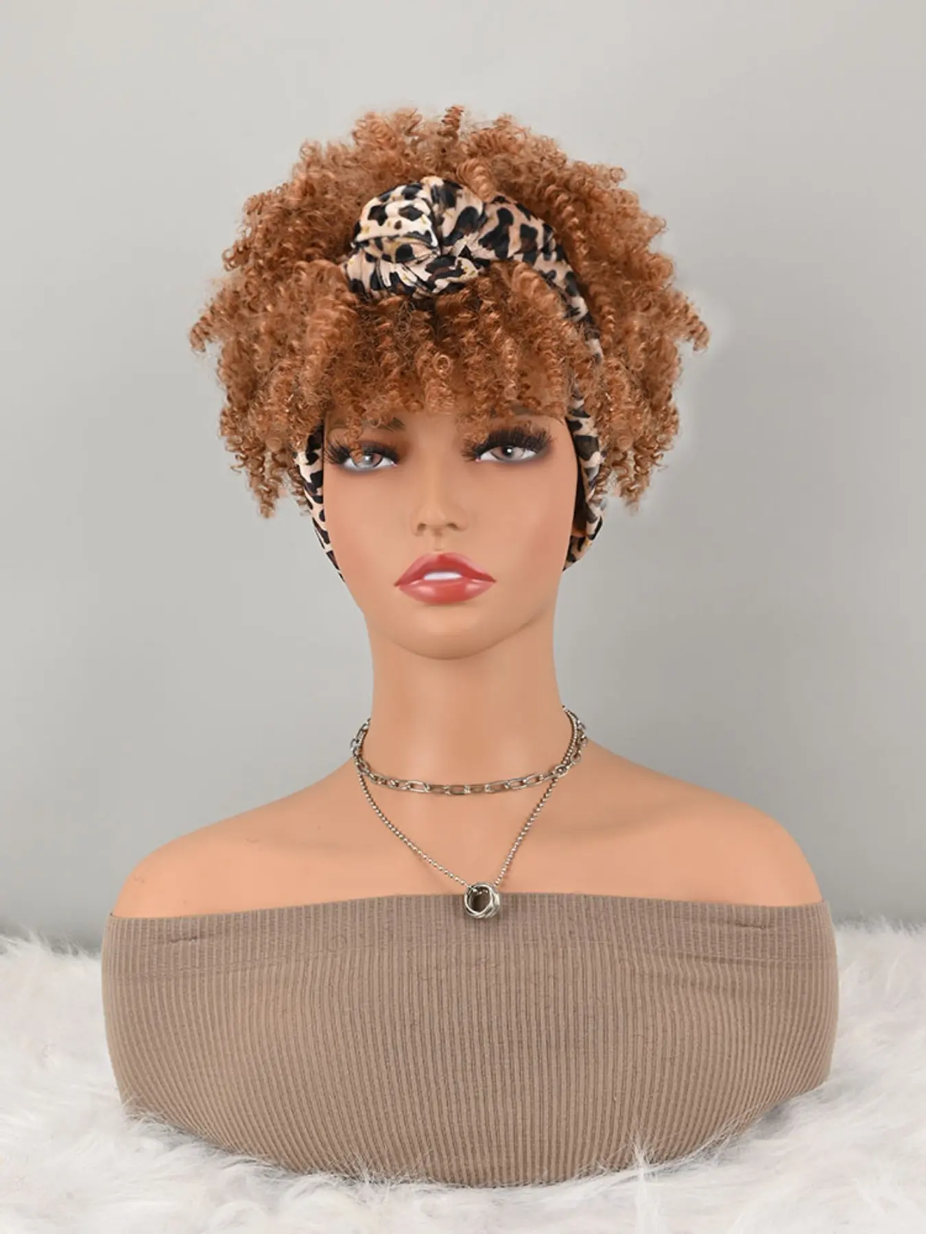 Synthetic Short V Voluminous Curly Wig, Auburn Bang Turban Wig, Leopard Print Scarf Wig, Drawstring Fluffy Scarf Wig with Headband, Synthetic Hair Wigs