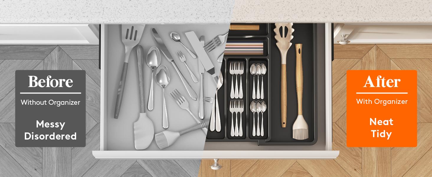 Utensil Organizer for Kitchen Drawer, Expandable Cooking Silverware Tray, Adjustable Cutlery Flatware Holder, Plastic Spatula Tools Storage Divider, 13-22.4 x 15", Black