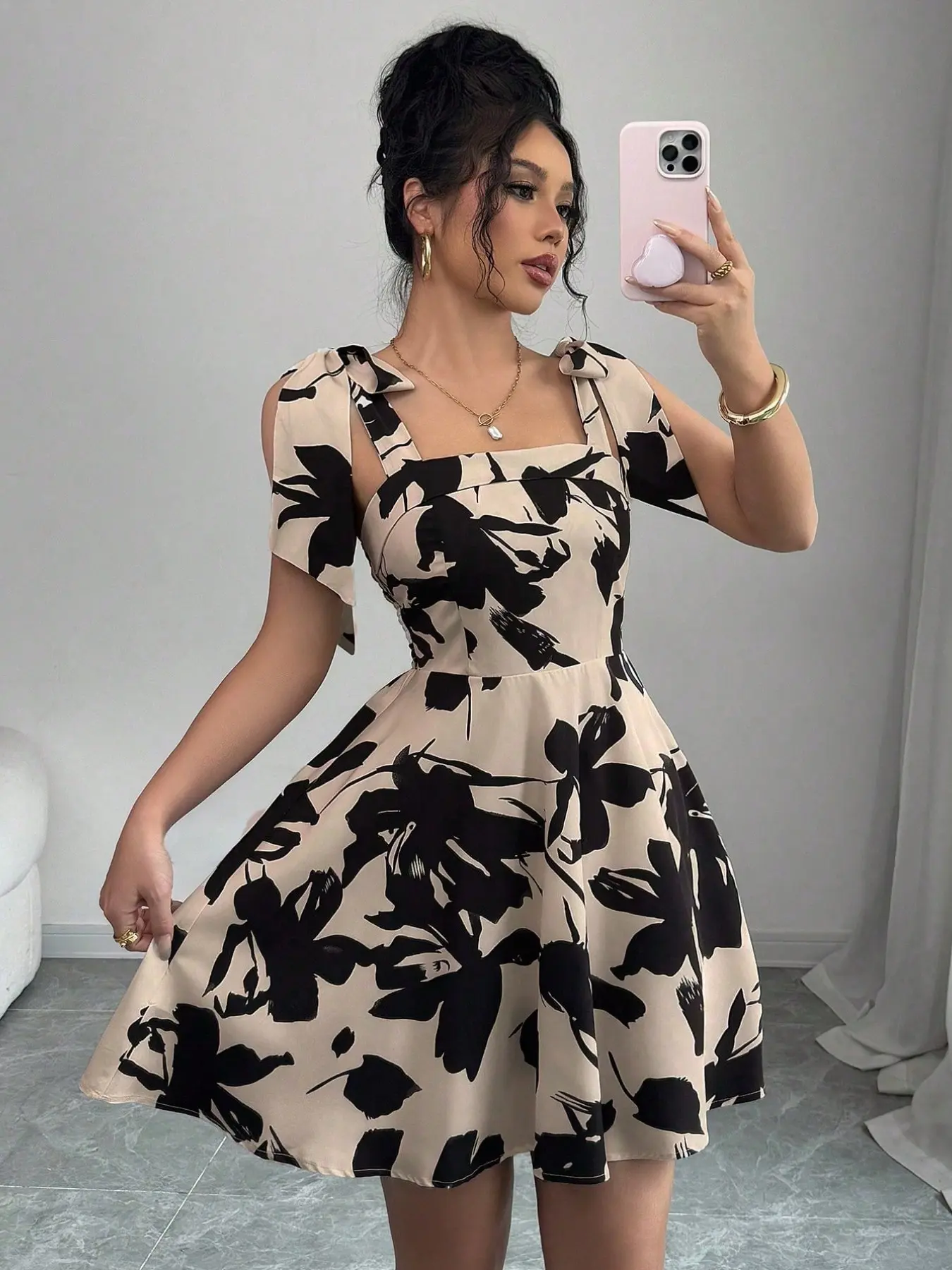 Women's Tie-Back Bow Square Neck Floral A-Line Short Dress, Elastic Back Waist Slimming Print Dress, Soft Style Elegance Daily Wear