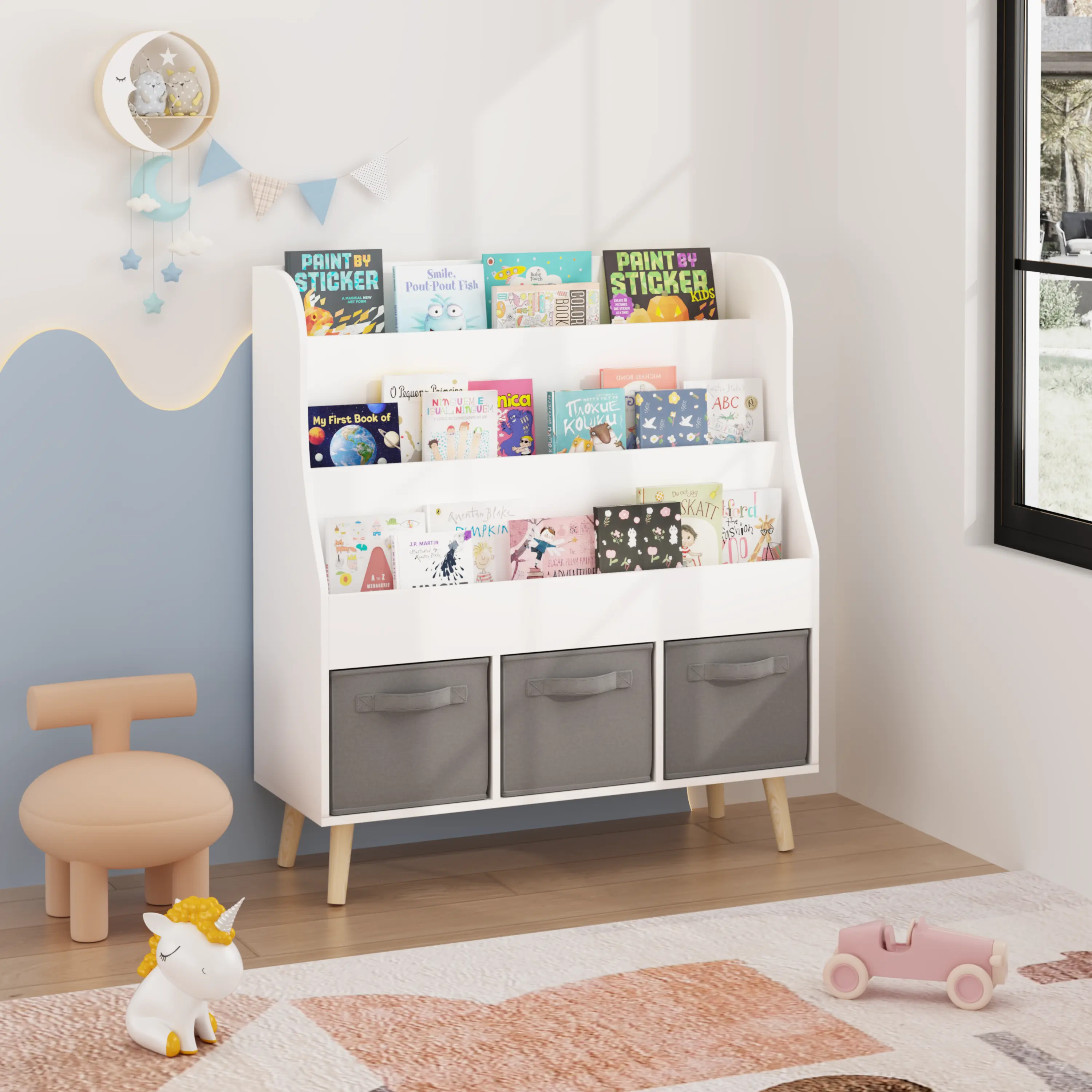 ARCH Child-Height Compact Kids Bookshelf with 3 Fabric Storage Bins, Sturdy Wooden Construction Pine Legs, White Front-Facing Book Rack for Toddlers, Keeps Clutter Off Floor, Promotes Independent Reading, Nursery/Playroom Home Furniture