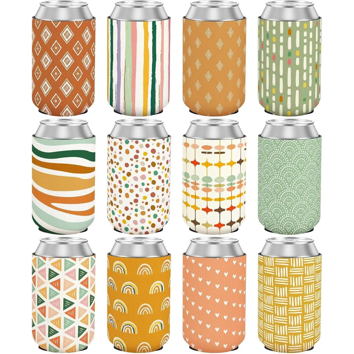 12 count Boho Can Cooler Sleeves,  Neoprene Insulated Drink Sleeve Bulk for 12oz Cans Bottles Beverages,  for Summer Party Favors Gifts Decors, 12 oz Standard