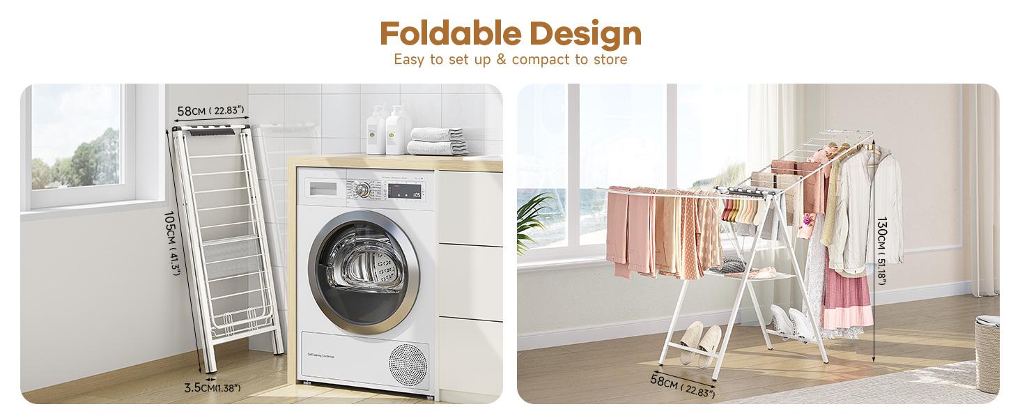 Drying Rack Clothing, Clothes Drying Rack Foldable, Laundry Drying Rack Collapsible for Sweater Indoor, Gullwing Clothes Rack Drying with Rails, White