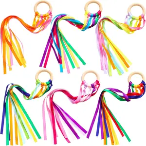 6 Pcs Rainbow Ribbon Hand Kites Wands for Kids Dancer Streamer String Toy Thrown Waldorf Wand with Wooden Ring Wand Learning Educational(Bright Colors)
