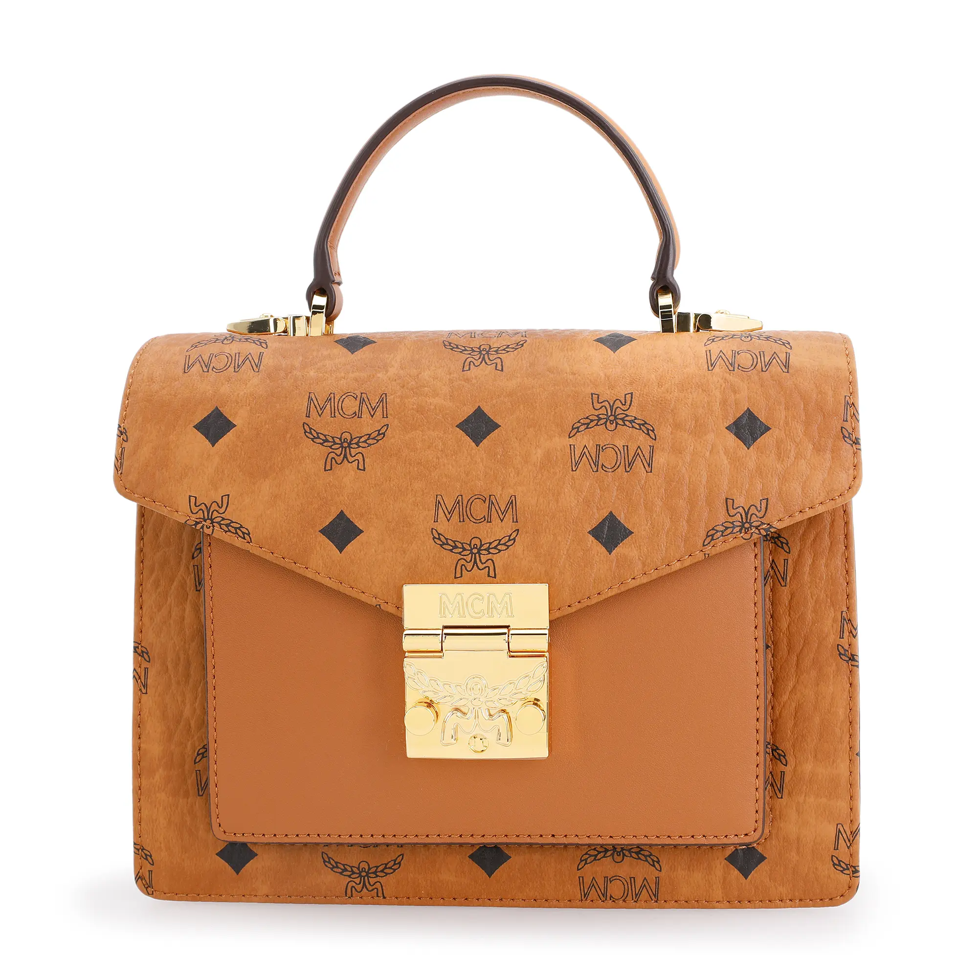 MCM 24K Gold-Plated Laurel Lock Classic Monogram Coated Canvas Handbag for Women, Small Size, Brown and Cognac