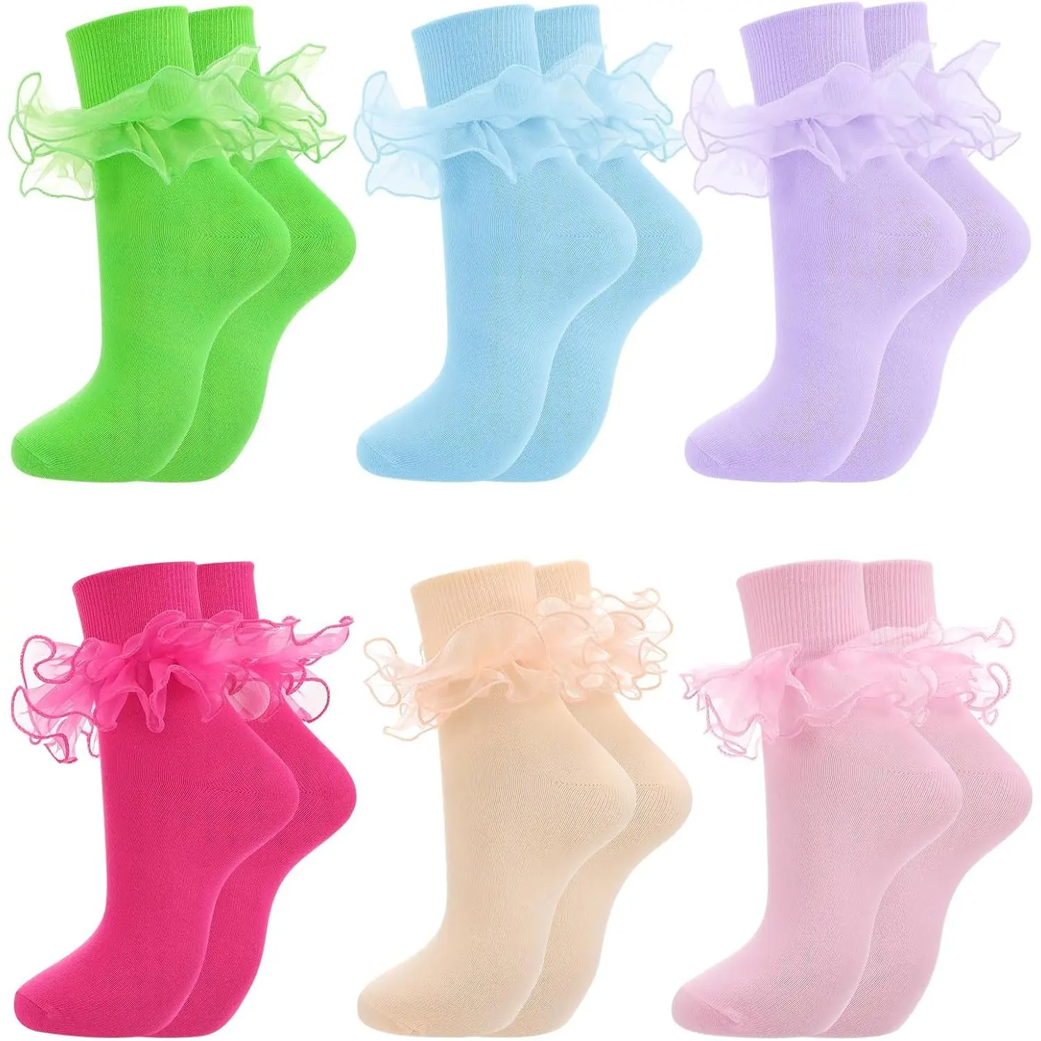 Jspupifip Women Big Ruffle Socks Double Lace Frilly Ankle Trim | Cute 80s Retro Bobby Socks, Soft Breathable Cotton Dress Sock for Ladies, Vintage Crew Length, Daily Wear, Party