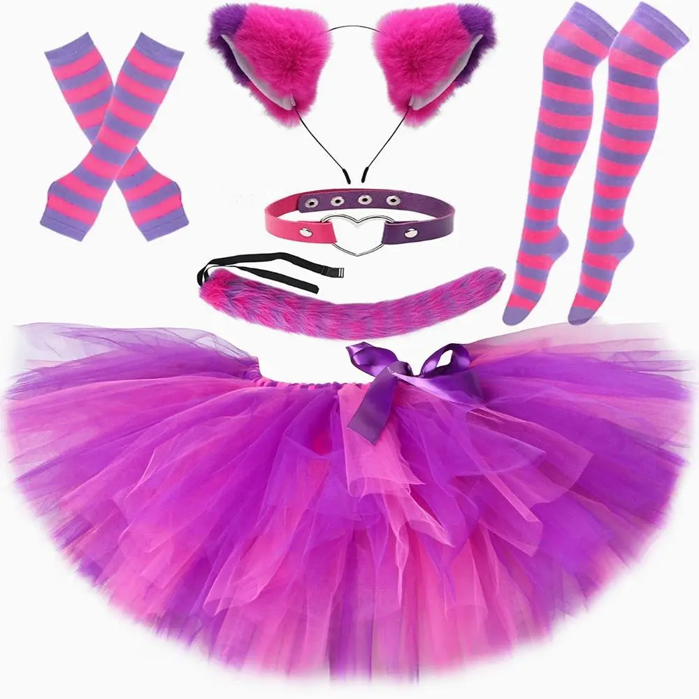 Girls Tulle Tutu Skirt Hot Pink Purple Striped Cheshire Cat Costume Kids Toddler Halloween Carnival Party Tutus Dress Up Outfit