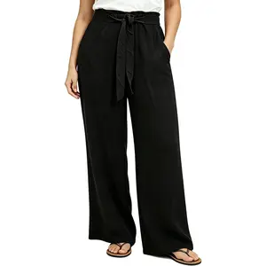 Women Wide Leg Casual Pants High Waist Flowy Palazzo Trousers Adjustable Knot Stylish Lounge Business Pants with Pockets