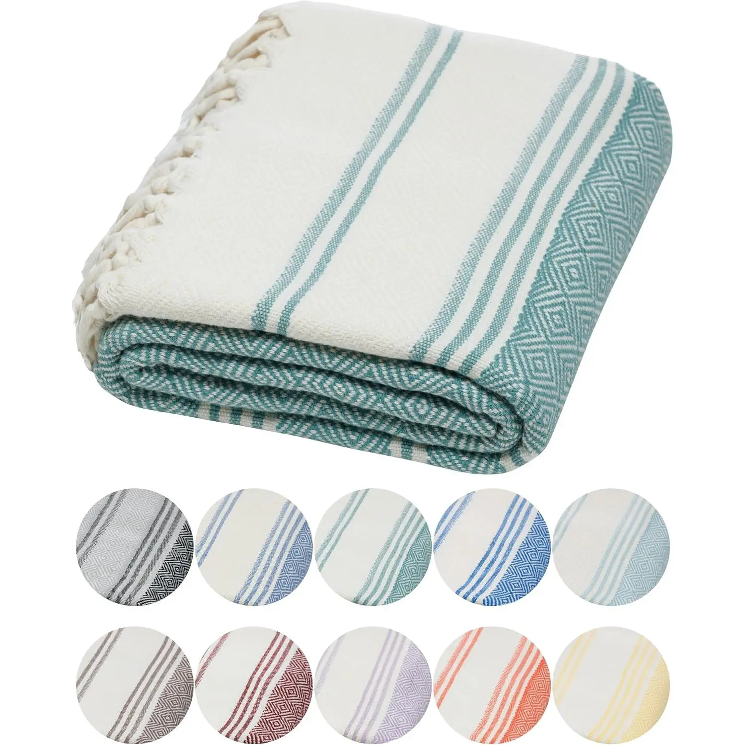 Sage Green Organic Cotton Solid Diamond Weave Turkish Beach Towel - 100% Oeko-TEX Certified, Ultra-Soft, Quick-Dry, Lightweight, Compact, Oversized Luxury Peshtemal, Prewashed, 71"x36", Eco-Friendly Pet Bathing & Grooming Towel