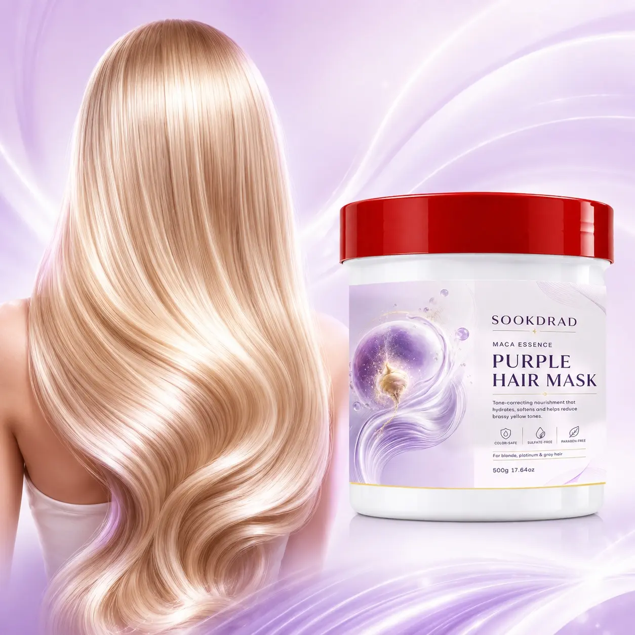 Purple Hair Mask, with Maca Essence, tone-correcting, hydrating, softening, reducing brassy yellow tones, for blonde, platinum & gray hair, color-safe, sulfate-free, paraben-free, hair care, 500g