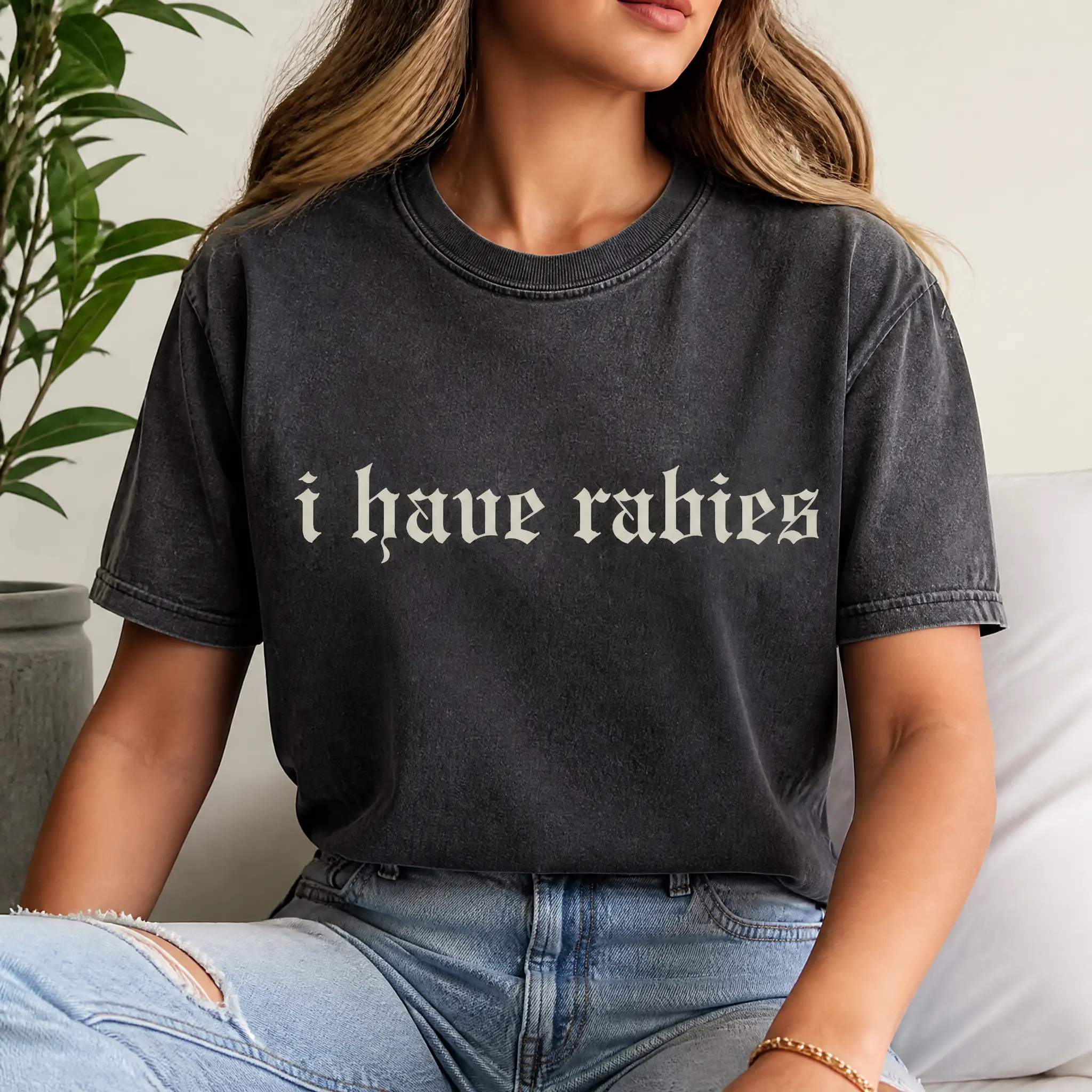 Women's Funny Graphic Tee, 'I Have Rabies' Dark Humor Print, Comfortable Short Sleeve Casual Shirt with Oversized Fit for Everyday Wear