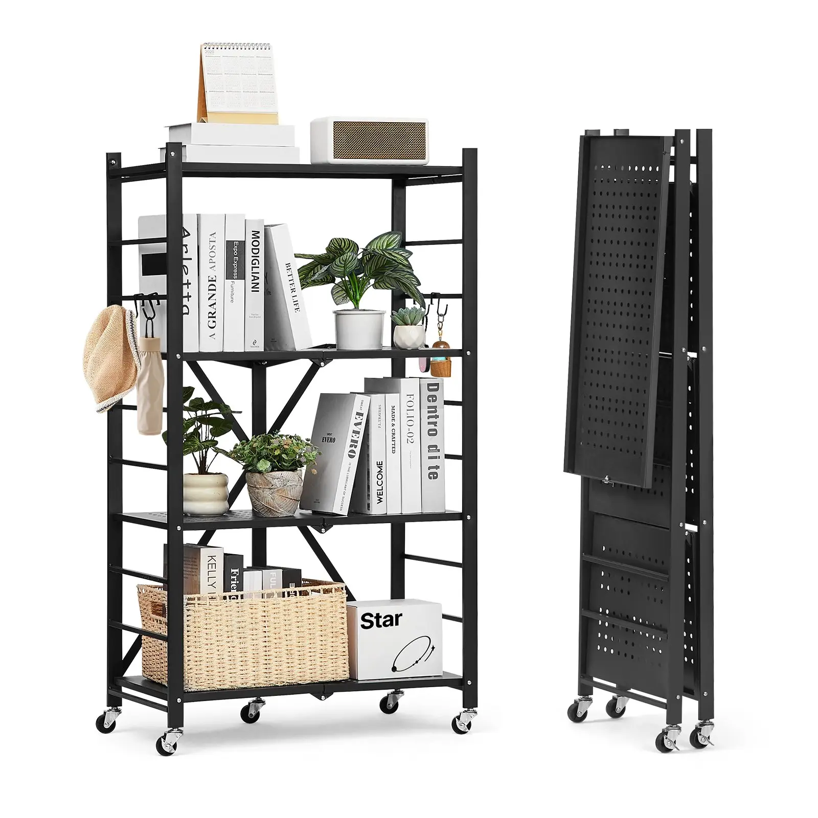 4-Tier Foldable Storage Shelf, 26Wx 13Dx 46H Inch Folding Metal Rack Shelving Unit, No Assembly Organizer Shelf with 5 Wheels 4 Hooks for Pantry, Kitchen, Garage, Basement, Black
