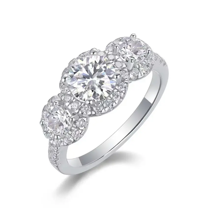 ZIIYONG 14K White Gold Plated 925 Silver Round Cut Three-Stone Halo with Pave Band 5A Cubic Zirconia Engagement Ring for Women, Hypoallergenic Tarnish-Resistant Jewelry, Perfect Anniversary & Christmas Gift