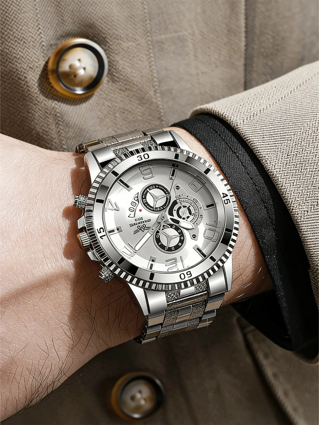 Men's Three-Hand Chronograph Quartz Watch, Stylish Sporty Steel Band, Multicolor Dial, Business Casual Wristwatch, Single Piece