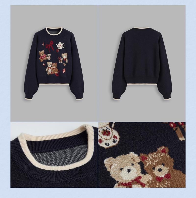Cider [size 2-10] Knit Round Neckline Bear Bowknot Contrasting Binding Long Sleeve Top