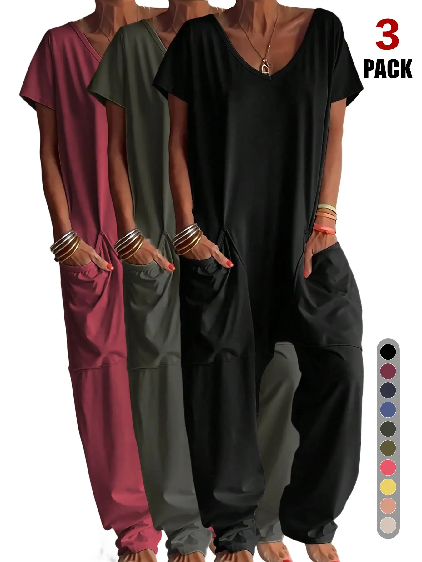 Summer Women's Casual Solid Jumpsuit, V Neck Short Sleeve, Large Pockets, Loose Fit, Ankle Length, Comfortable Home Wear, All Seasons