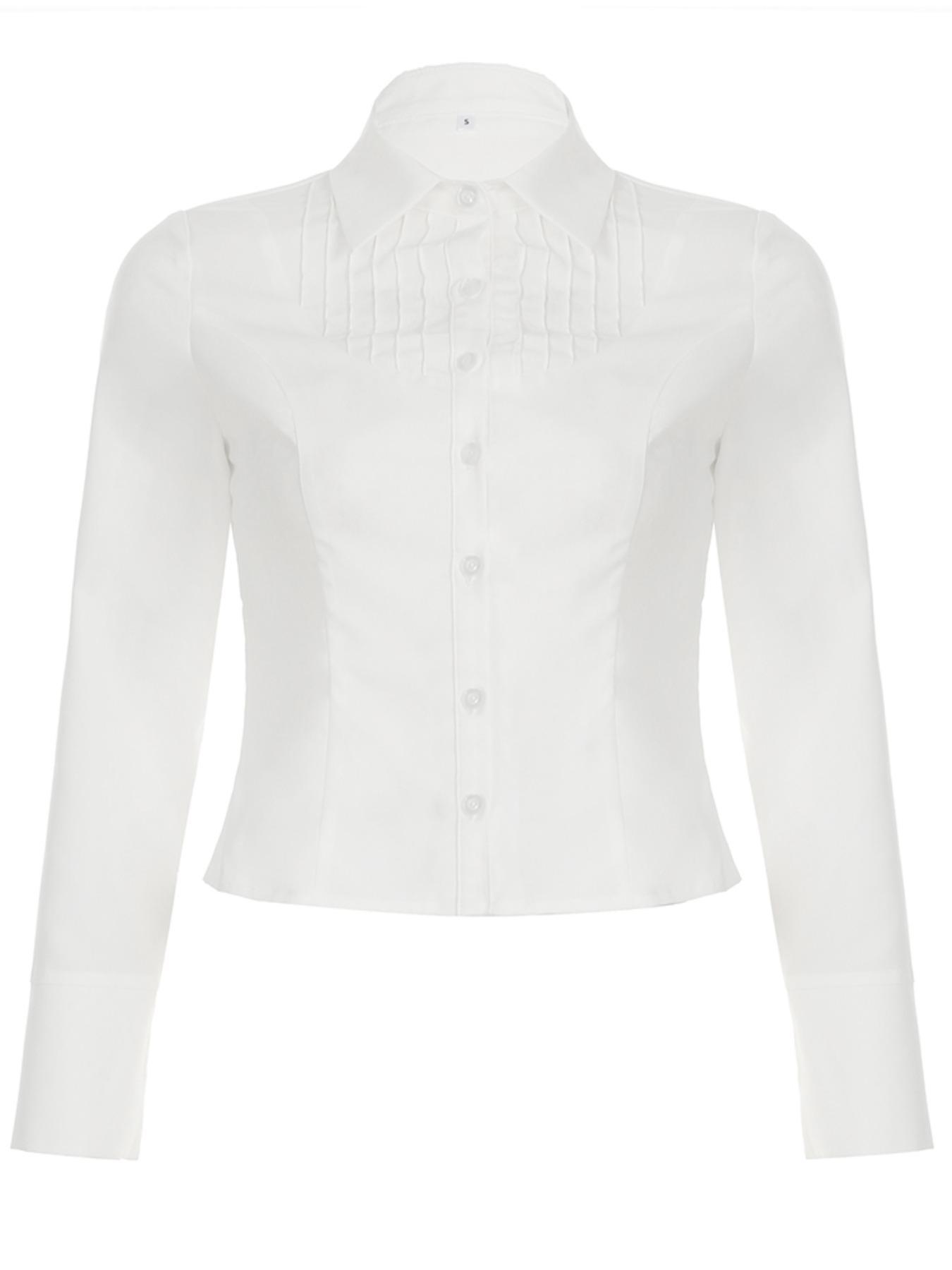 Women's Plain Ruched Button Front Shirt, Casual Elegant Long Sleeve Collared Top for Daily Wear, Ladies Clothes for All Seasons
