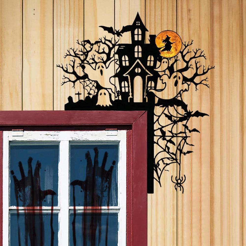 Halloween Door Corner Sign Metal Witch Cat Bat Ghost Spider Web Door Topper Sign Home Door Window Frame Decoration