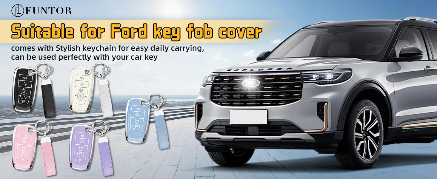 Key Fob Cover for Ford Explorer Maverick Mustang Fusion Escape Edge F150 F250 F350, Premium TPU Key Fob Protector with Leather Keychain & Screwdriver, Slim Fit 5-Button Remote Case, Blue