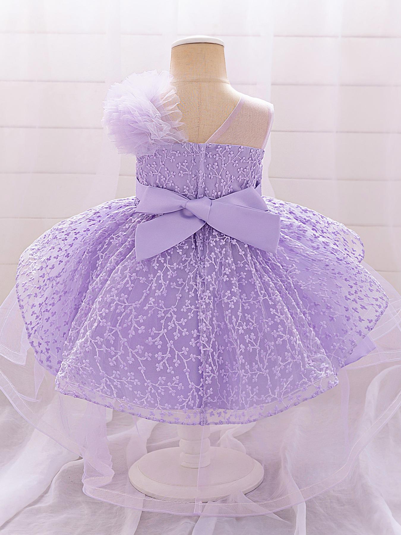 Baby Girl's Floral Print Mesh Ruffle Trim Dress, Elegant Cute Flower Decor Sleeveless Dress for Party Wedding Guest, Infant Toddler Kids Clothes for All Seasons