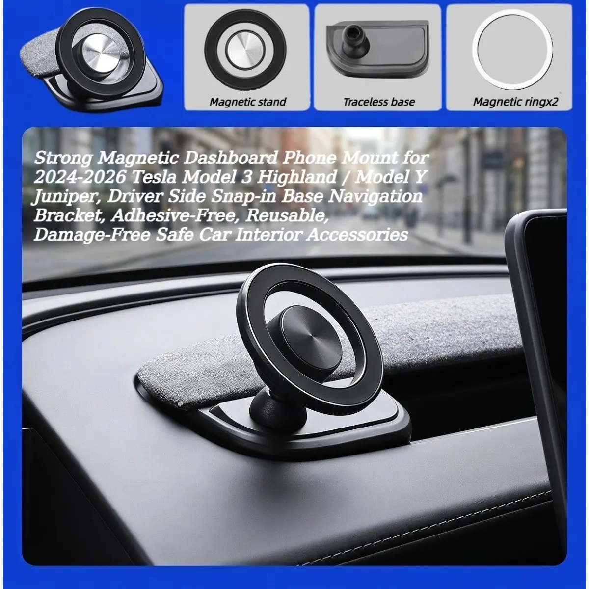 Strong Magnetic Dashboard Phone Mount for Tesla Model 3/y, Driver Side Snap-In Base, Adhesive-Free, Reusable, Damage-Free Car Accessory