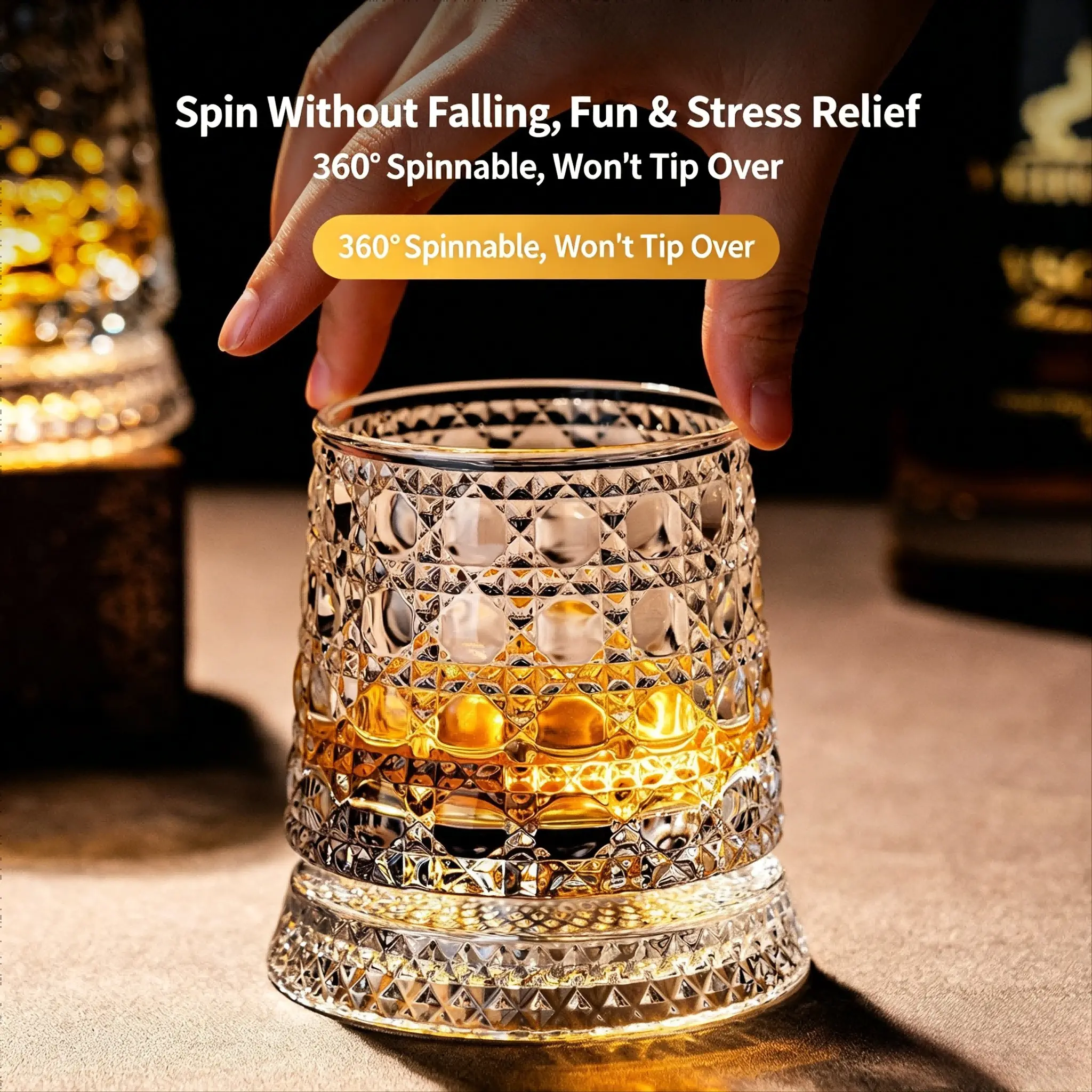 360° Rotatable Crystal Whiskey Glass, Diamond Cut Design Tumbler, Ideal for Bourbon, Scotch, Cocktails & Gifting, Rotating Whiskey Glass