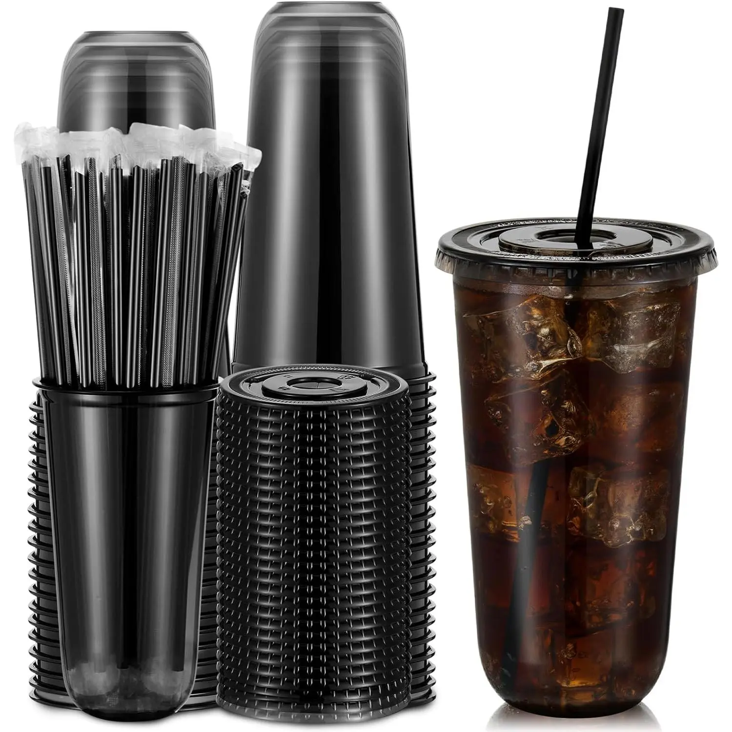 50 Set Clear Plastic Cups with Lids and Straws, PET Disposable Iced Coffee Cups for Drinking Cold Beverage Juice Parfait Smoothie Milkshake Shop Party Supplies (Black Cup & Straw,20 oz)