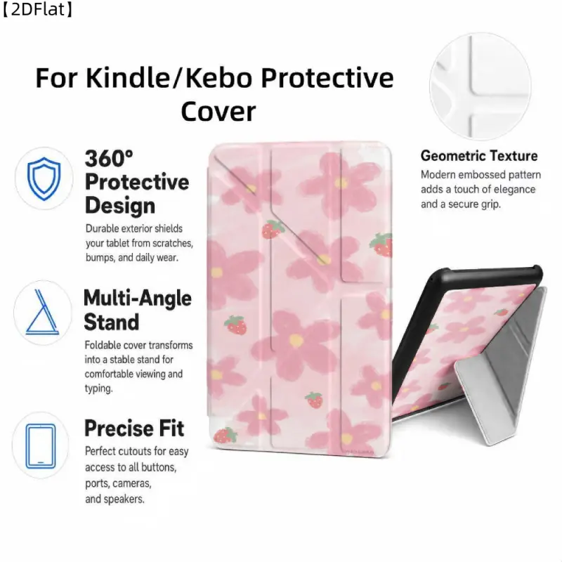 For Kindle/Kobo/Tolino Case, with stand Pink Flower Strawberry Pattern for New Kindle 11Th 2019, for Kindle 11th Generation Case for Kindle 11Th (2022/2024), 6-Inch, 7-Inch Kindle Paperwhite 12Th Generation 2024 Vision Color (2024) /Vision 6 (2021）/Shine