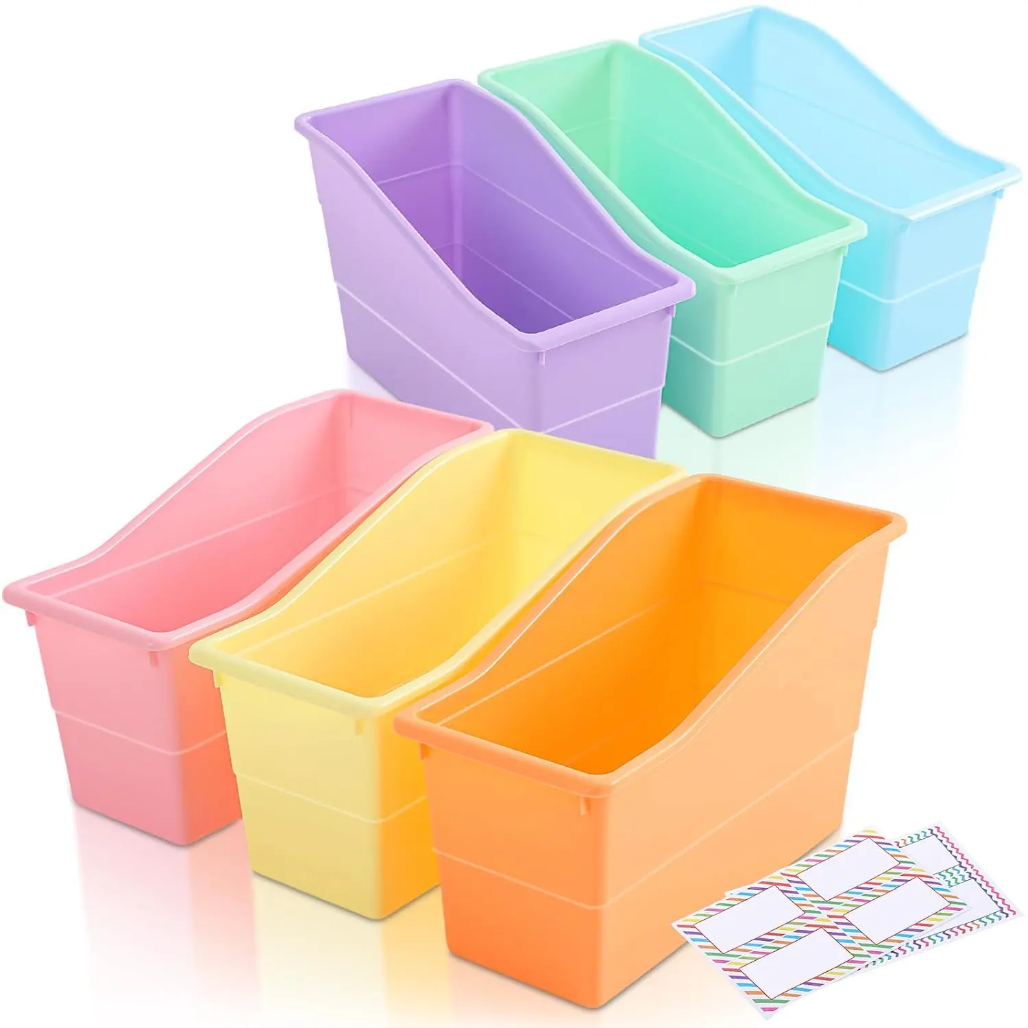 6 Set Plastic Stackable Book Bins with Label Sticker, Book Box Baskets Organizing Storage Bins for Classroom Library Home School Supplies (Pastel)