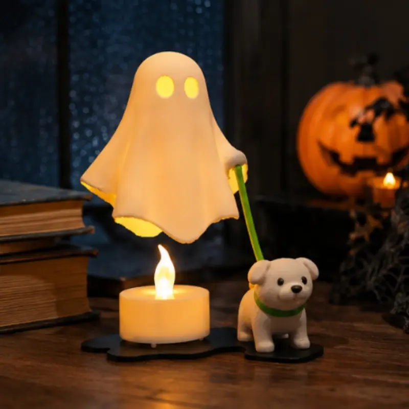 1Pc Halloween Ghost Walking Dog Resin Figurine, Cute Glowing Ghost Tabletop Decor for Shelf, Mantel, Home & Halloween Party Decorations, halloween gift，home decor