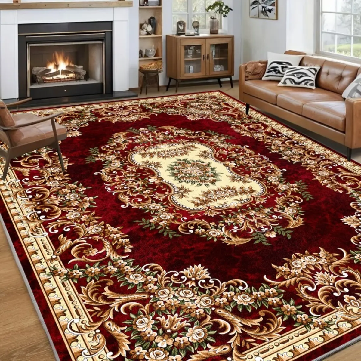 1 Extra-Large Luxury Floor Mat - Non-Slip Machine Washable Rug in Elegant Burgundy, Gold, Green, Brown, Red - Heavy-Duty Large Area Rug for Living Room, Bedroom, Hallway - Perfect for High-Traffic Areas and Holiday Decor (Christmas, Thanksgiving)