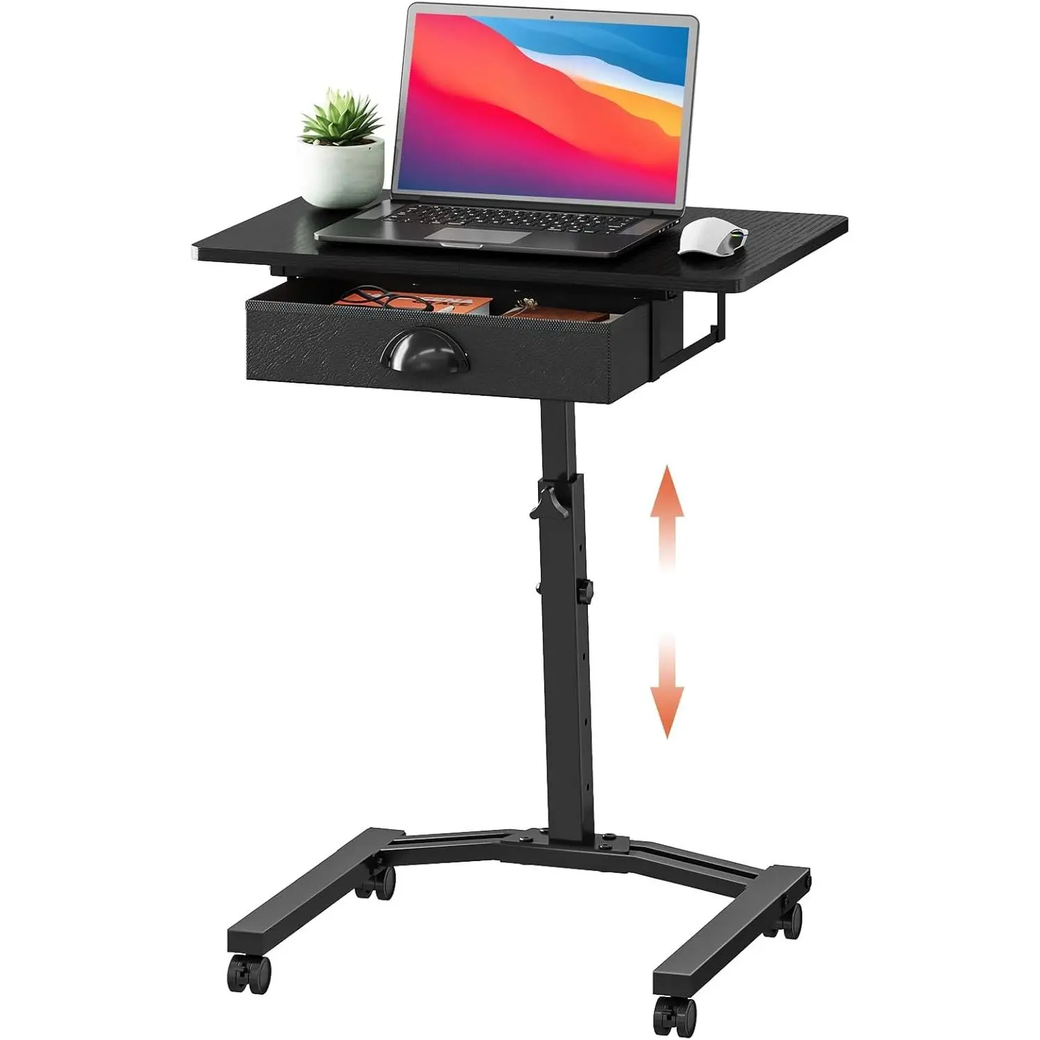 Black Sturdy Metal Height Adjustable Rolling Home Office Desk Cart - Small Size Mobile Laptop Desk with Drawers, Portable for Small Spaces, 60LBS Load Capacity