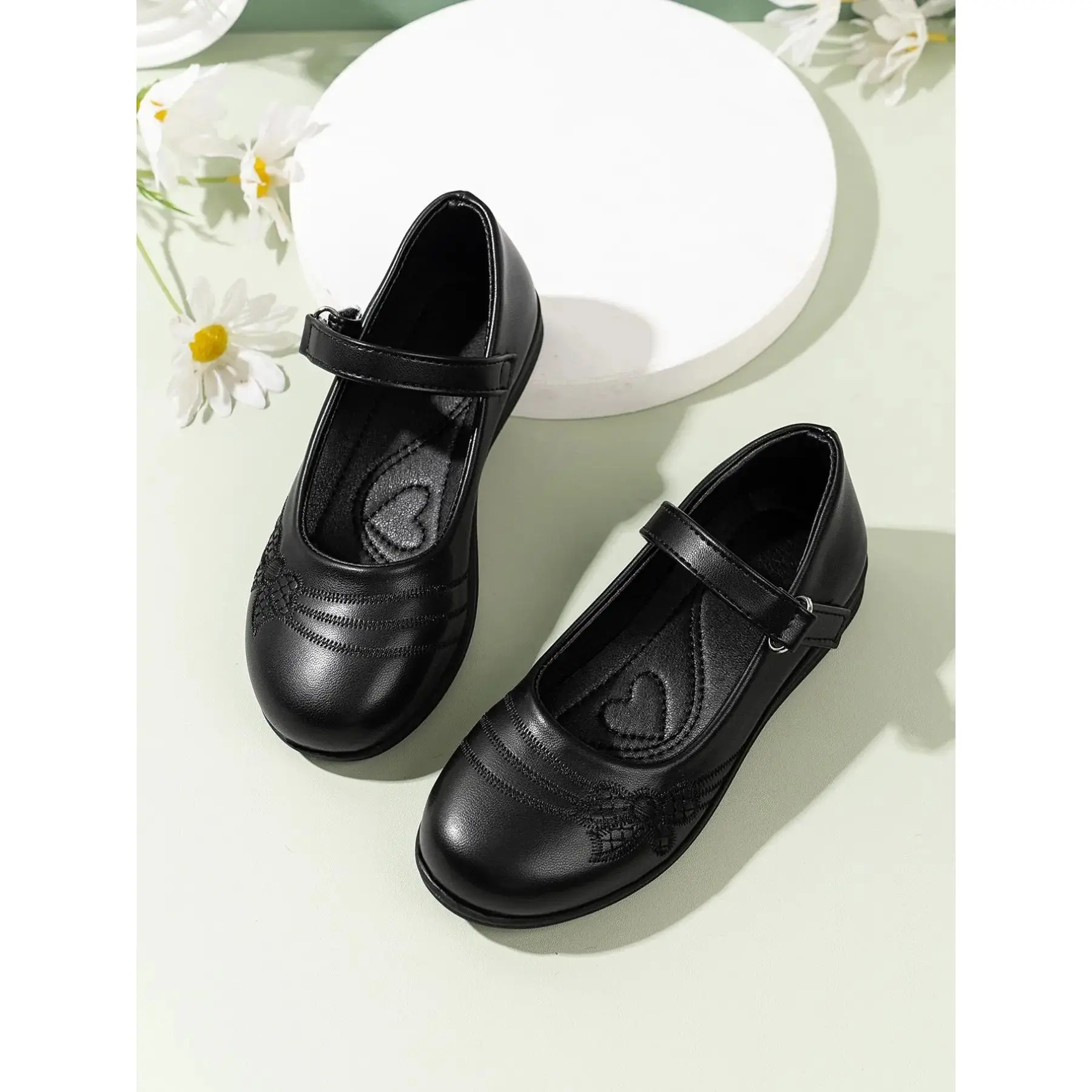 Girls' Mary Jane Shoes, Velcro Flat Shoes Soft Sole Anti-Slip School Shoes, Breathable Leather Round Toe, Comfortable Lightweight Daily Wear