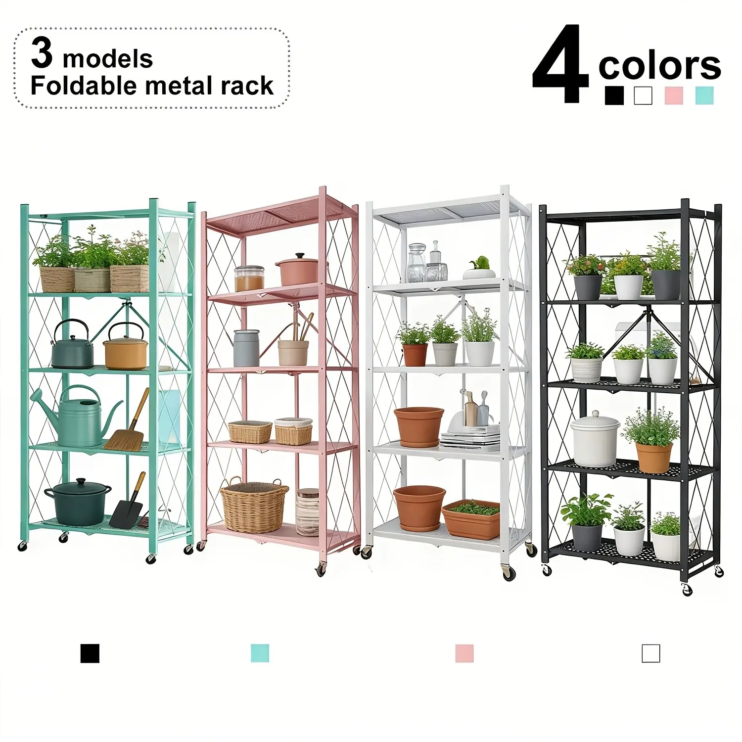 3/4/5-Tier Portable Multifunctional Storage Rack, Floor-Standing Storage Rack with Lockable Wheels, Space-Saving, No Assembly, Foldable Storage Shelf with Durable Carbon Steel Frame for Bedroom, Balcony, Garden, Standing Shelf