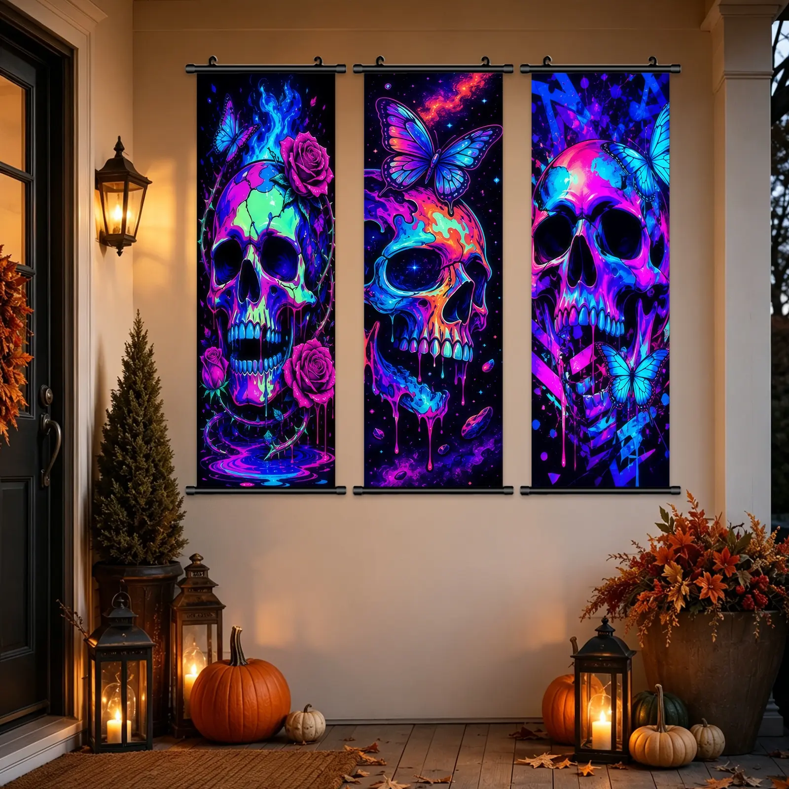 Halloween Decorations Large 3Pcs Neon Skull Portraits Vintage Vinyl Backdrop Decor Outdoor Horror Poster For Indoor Holiday Home Wall Art Wallpaper Hanging Porch Sign Banner Party Wall Decor, High Quality Waterproof Painting, Hd Artwork