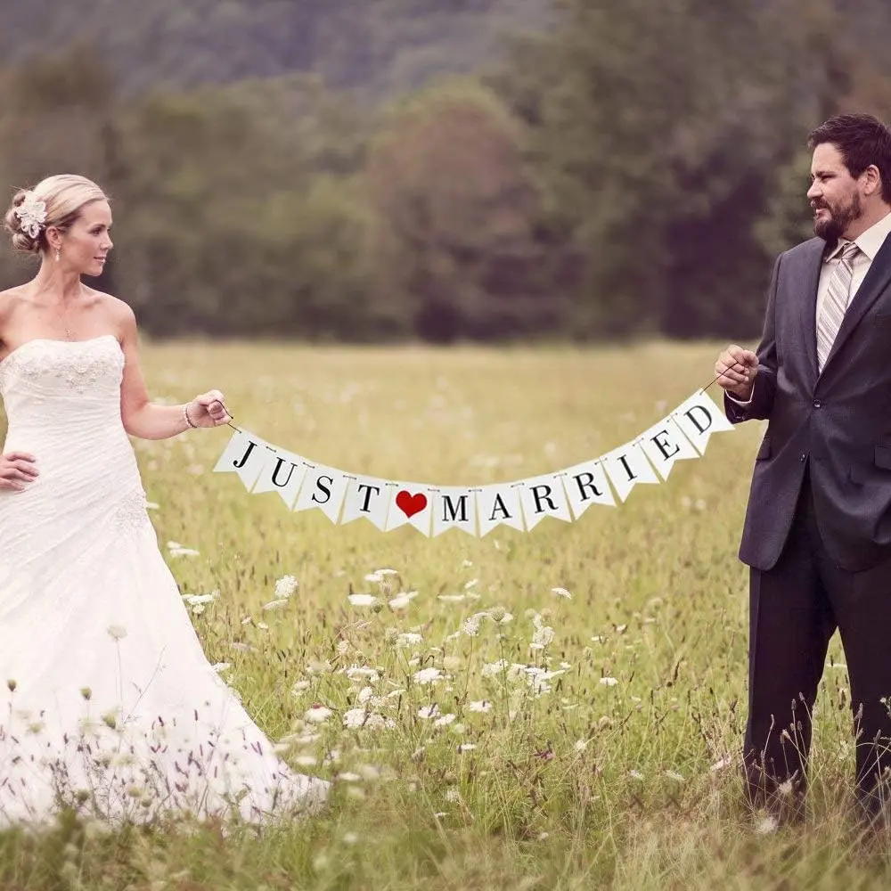 Just Married Banner Wedding Bunting Photo Booth Props Signs Garland Bridal Shower Decoration, White