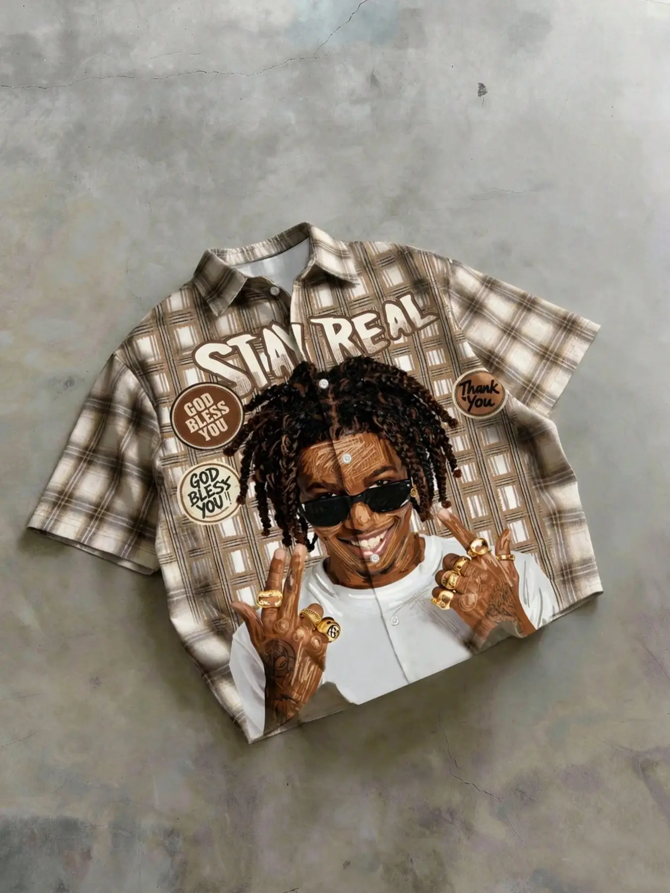 Men's Fashion Short Sleeve Blouse, Creative Light Plaid Hip Hop Pattern, Comfortable Versatile Fabric, Loose-Fitting All Seasons