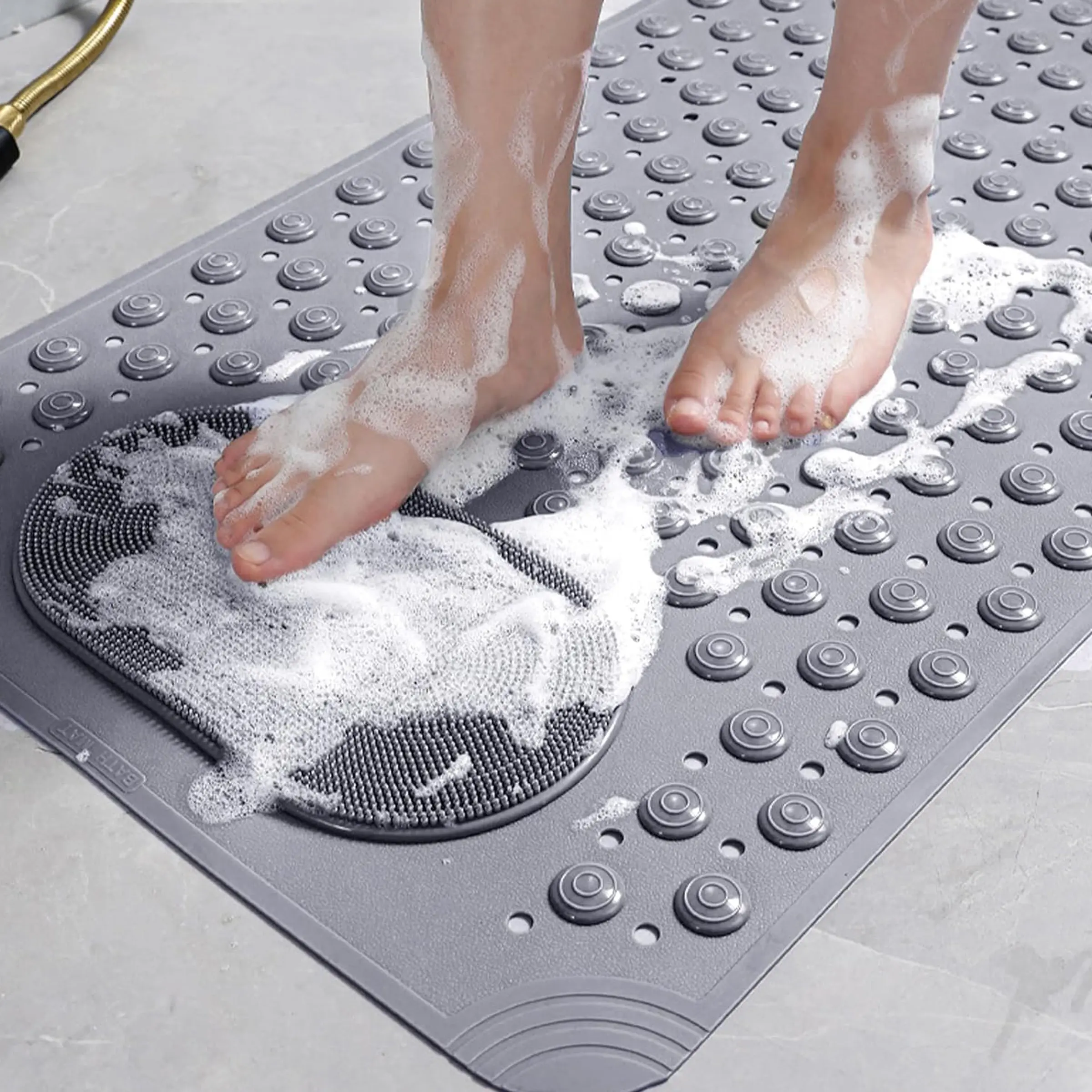 1pc Bath Tub Shower Mat with Massage Brush, Non Slip Bathtub Mat with Suction Cups, Machine Washable Bathtub Mat, Bathtub Mat for Bathroom Stall and Tub Floor, Bath Mat with Drain Holes, Soft on Feet, Nonslip Bathtub Mat, Bathroom Essentials
