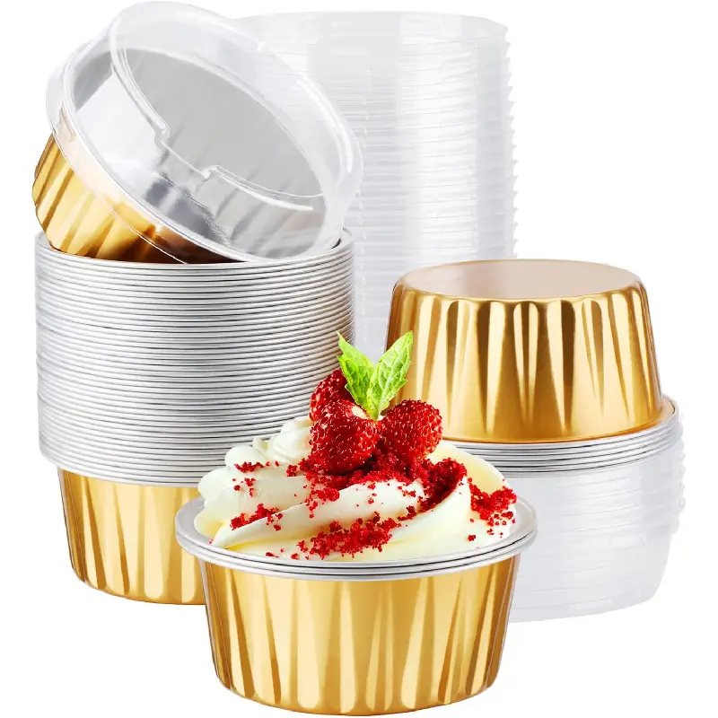 Sturdy Aluminum Foil Mini Cups - 50pcs 5oz Disposable Oven-Safe Water Proof Bake Ramekins with Lids for Creme Brulee, Party Favors