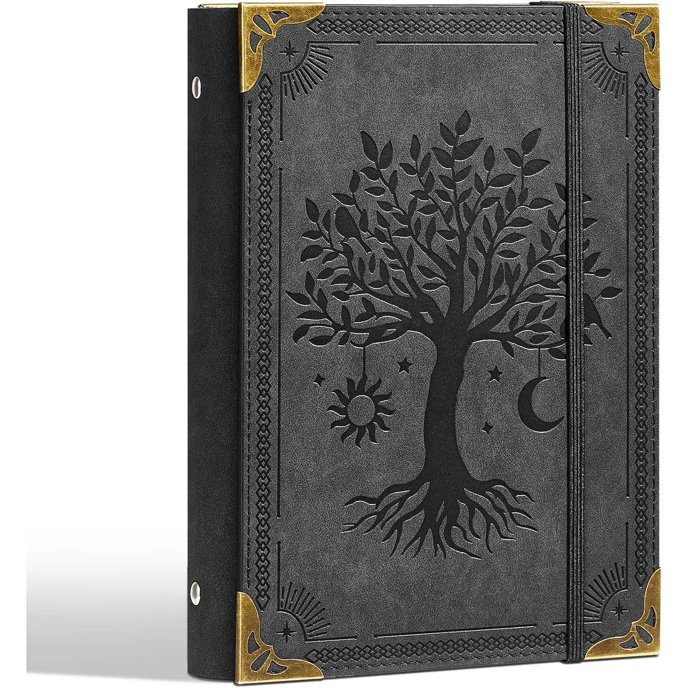 PU Leather A5 Binder 6 Ring Refillable Journal Cover No Refill Paper A5 Planner Binder Loose Leaf Binder for Notebook 5.7”x8.3” with Elastic Closure, Black Tree
