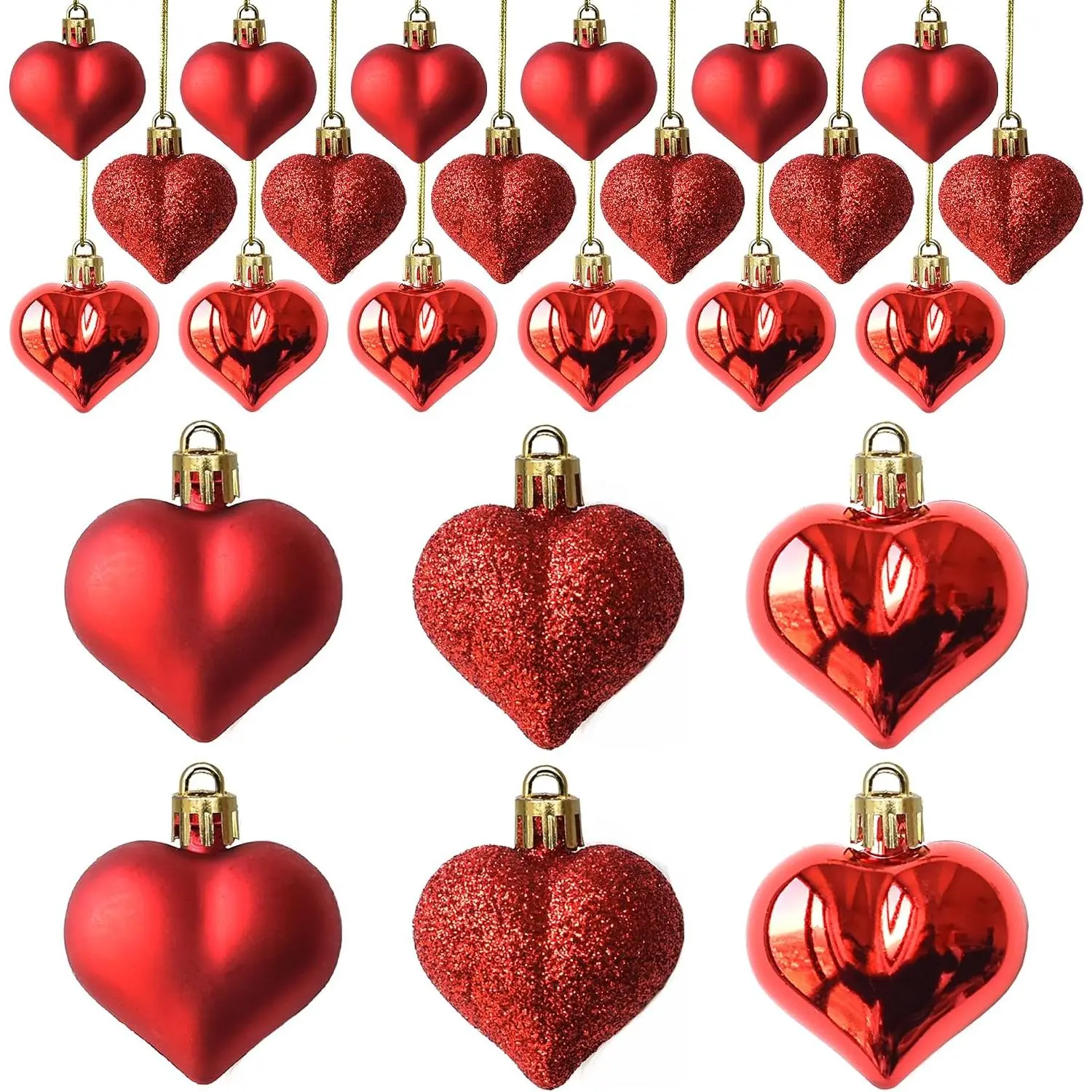 24 count Heart Ornaments Multi Finish Heart Baubles  Ornaments for Valentine’s Day Decor Mother's Day Christmas Tree Wedding Anniversary Party Decoration(Red)