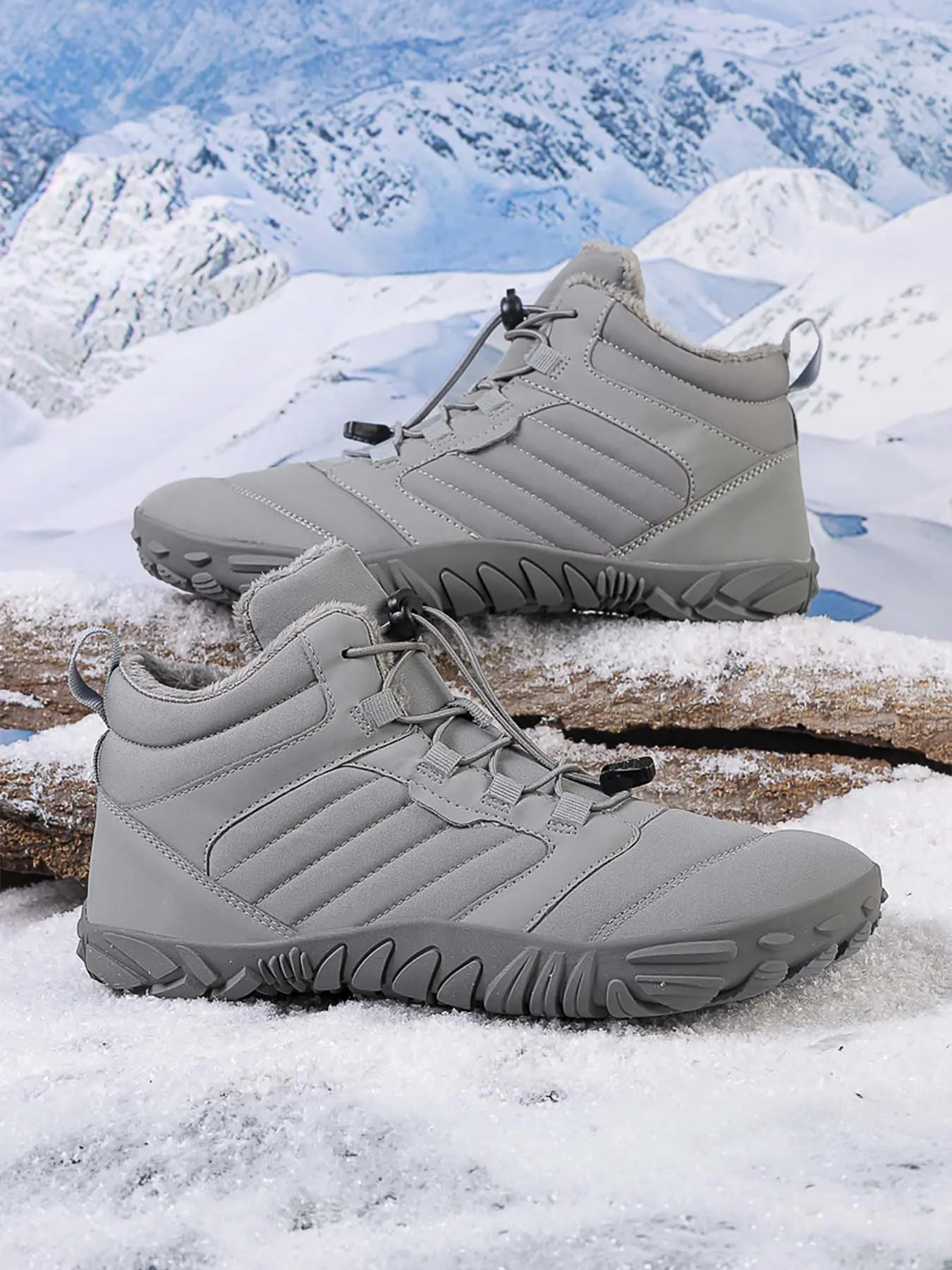 Men’s Fleece Lined Warm Barefoot Snow Boots, Wide Toe Box Zero Drop Quick Slip-On Lock Drawstring, Water Resistant Non-Slip Winter Ankle Boots for Commute & Trail Hiking