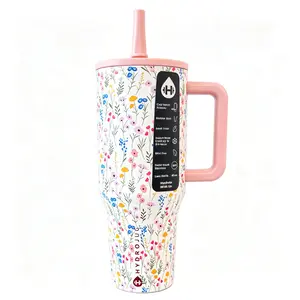HydroJug 40oz Insulated Stainless Steel Tumbler Wildflower Floral Print Pink Handle Lid & Straw 18/8 Food Grade Steel Leak Proof Twist Lid Keeps Cold 24 Hours Cup Holder Friendly Non-Slip Rubber Base BPA Free Large Hydration Mug For Gym Travel Car Office