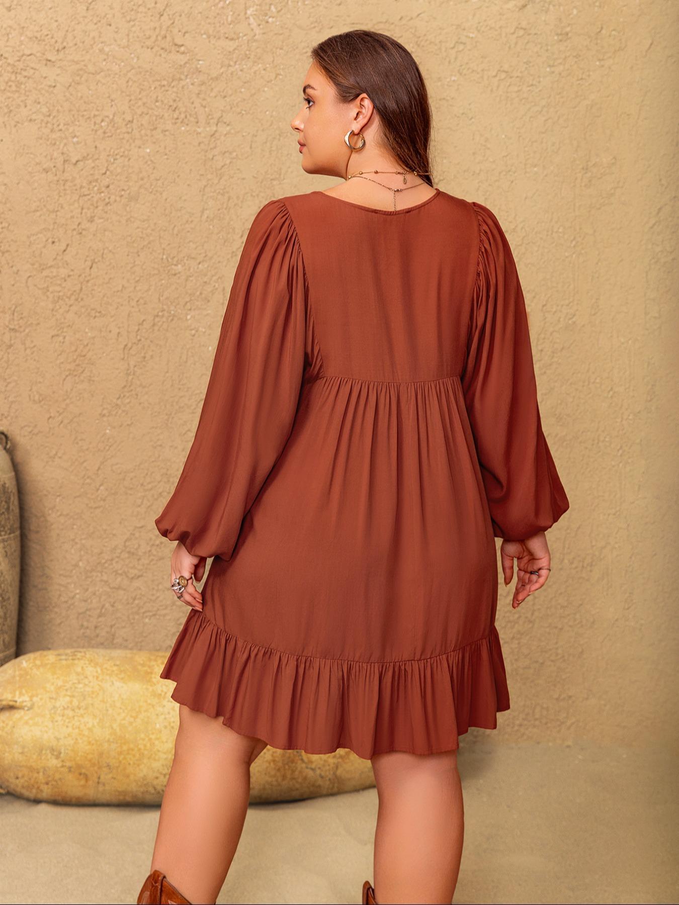 [Plus Size] Floral Embroidery Tie Neck Dress, Boho Embroidered Bishop Sleeve Long Sleeve Woven Casual Wear Dress for Fall & Winter, Women's Clothes for Vacation Holiday, Bohemian, Womenswear, Casual Loose Dress