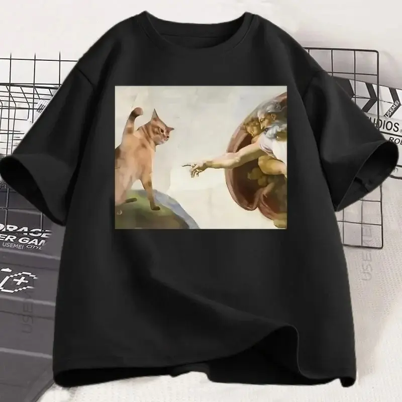 Funny Cat God Creation of Adam Meme T-Shirt Men Women Casuals Short Sleeve Jesus T Shirt O-Neck Tshirt Vintage Tees Harajuku