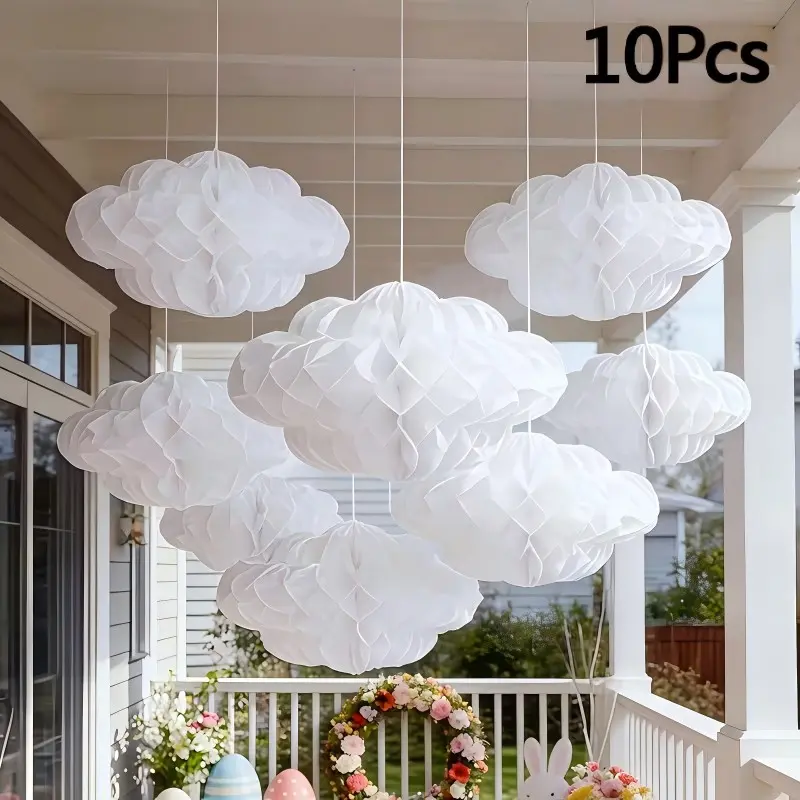 10pcs Artificial Cloud Decorations, Hanging Honeycomb Scene, Ceiling Art for Weddings Birthdays Parties, 15cm & 20cm Sizes