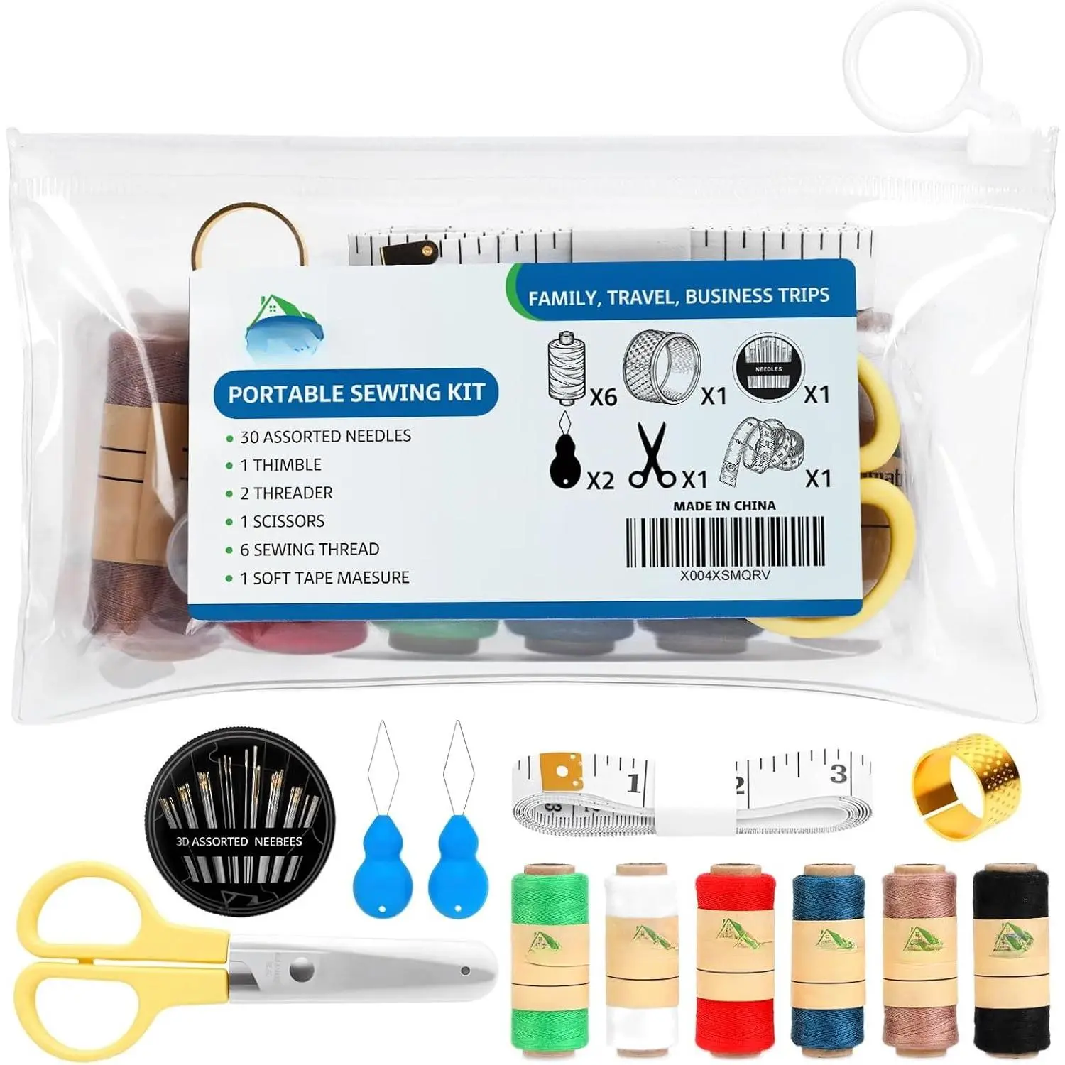 Travel Sewing Kit, Portable  Sewing Repair Kit with ,Threads,,Tape Measure,Thimble & Threaders, Clear Zipper Pouch Sew Kit for Adults, ,Office,Dorm,Business Trips & Gifts