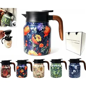 Vintage Floral Pattern Teapot with Infuser for Loose Tea, Stainless Steel Thermal Carafe with Lid for Hot Drinks Orange Wooden Handle