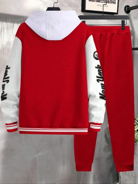 Men's Letter Print Slogan Baseball Jacket & Pants Two-piece Set, Loose Casual Long Sleeve Baseball Collar Outerwear & Trousers for Daily Wear, Men's Two-piece Outfits for Fall & Winter