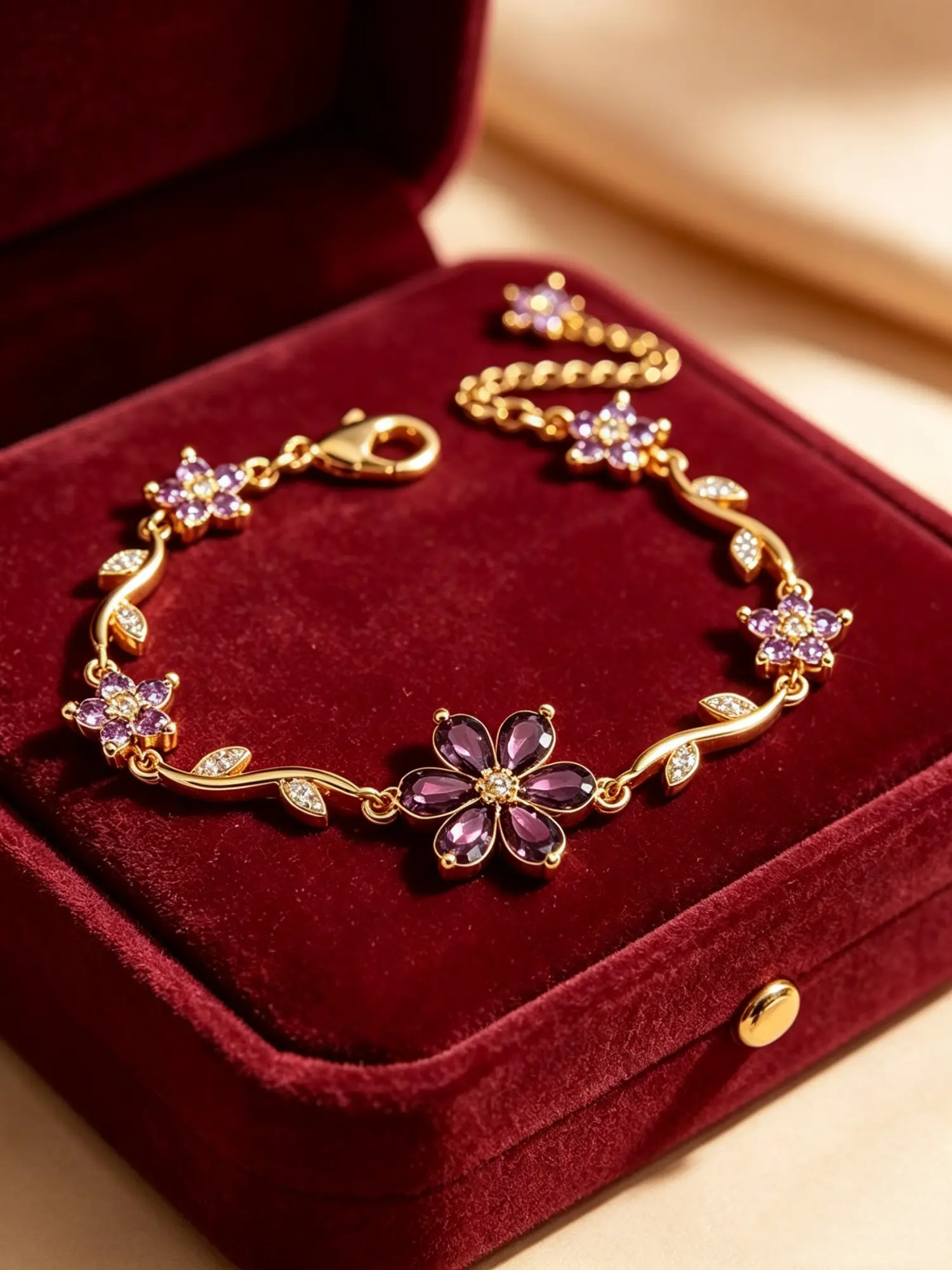 Copper Amethyst Flower Bracelet, French Vintage Luxury Style, Rhinestone Leaf Design, Adjustable Extender Chain, Women's Jewelry for Daily Wear
