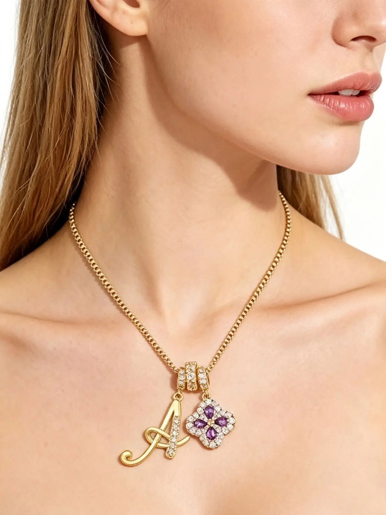Personalized Handwritten Initial Pendant, Amethyst Clover Lucky Charm, 14k Box Chain Necklace, Elegant Lockbone Jewelry
